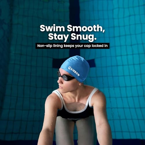 Rainbow Silicone Swimming Cap for Men, Women & Kids | Stretchable Swim Cap for Long & Short Hair | Durable, Waterproof & Comfortable Fit - Blue - Image 3