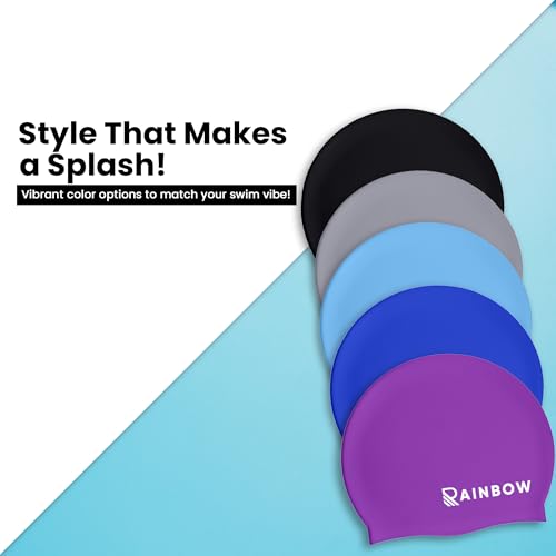 Rainbow Silicone Swimming Cap for Men, Women & Kids | Stretchable Swim Cap for Long & Short Hair | Durable, Waterproof & Comfortable Fit - Blue - Image 5