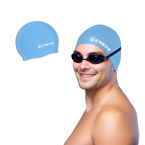 Rainbow Silicone Swimming Cap for Men, Women & Kids | Stretchable Swim Cap for Long & Short Hair | Durable, Waterproof & Comfortable Fit - Blue - Image 1