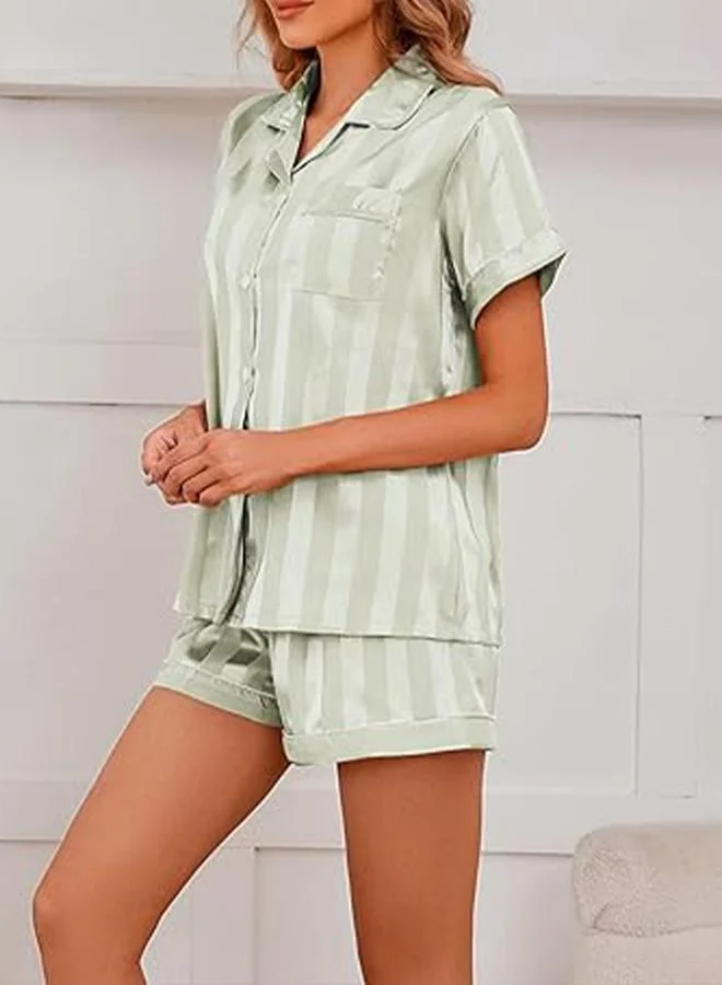 Take Two  Green Striped Pattern Piping Shirt and Shorts Set for Women | Best Price UAE