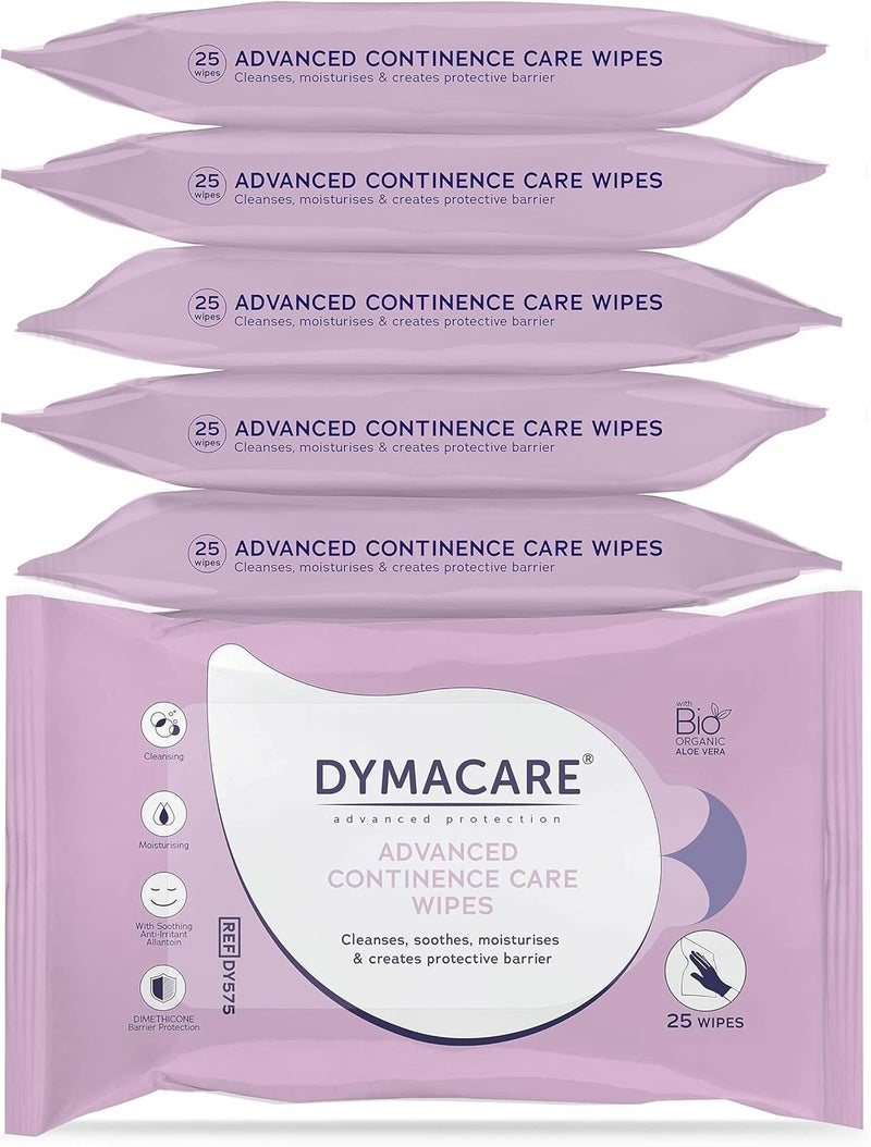 Dymacare Advanced Continence Care Wipes | Adult Premium Disposable Incontinence Skin Cleansing Wet Wipes with Barrier Cream & Aloe Vera | 6 Packs (150 Wipes Total) - Image 1