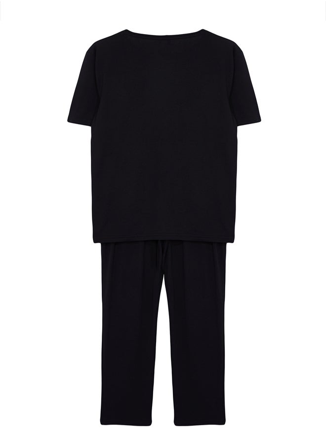 trendyol Men's Black Regular Fit Embroidered Knitted Pajama Set TMNAW25PT00023  - Image 4