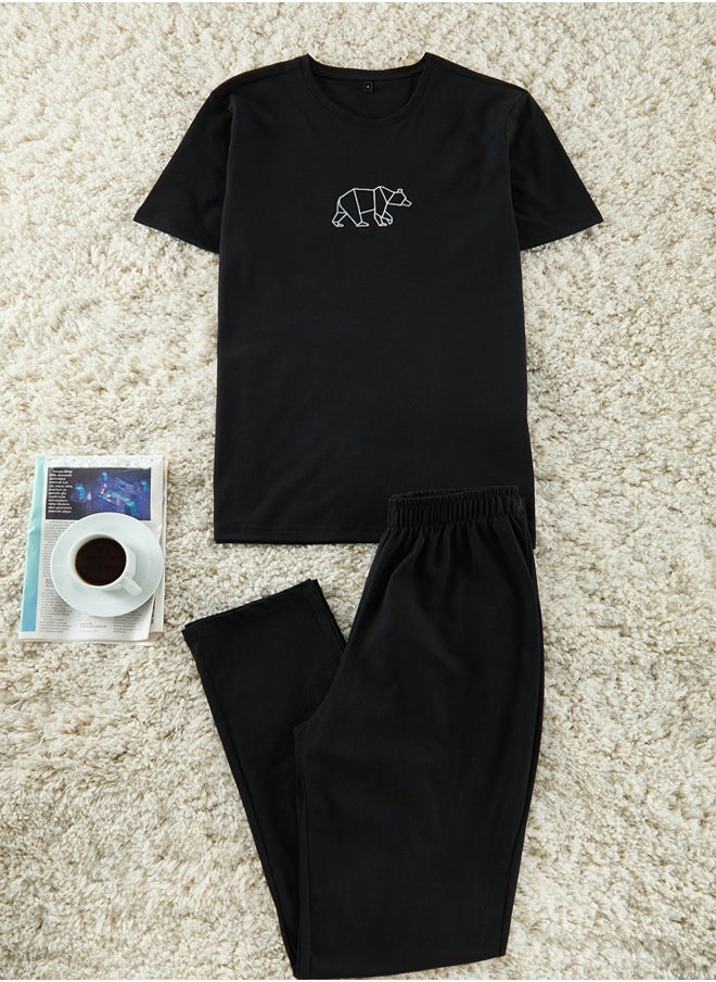 trendyol Men's Black Regular Fit Embroidered Knitted Pajama Set TMNAW25PT00023  - Image 1