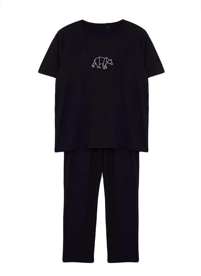 trendyol Men's Black Regular Fit Embroidered Knitted Pajama Set TMNAW25PT00023  - Image 3