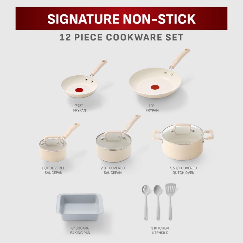 T-Fal Signature Nonstick 12 Piece Cookware Set, Oven Safe Up to 350Â°F, Dishwasher Safe, Pots and Pans Set, Includes Frying Pans, Saucepan, Stockpot, Cooking Utensils, Beige - Image 2