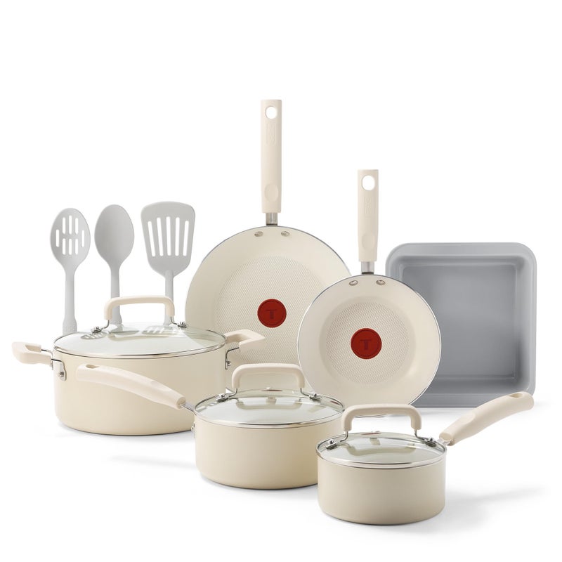 T-Fal Signature Nonstick 12 Piece Cookware Set, Oven Safe Up to 350Â°F, Dishwasher Safe, Pots and Pans Set, Includes Frying Pans, Saucepan, Stockpot, Cooking Utensils, Beige - Image 1