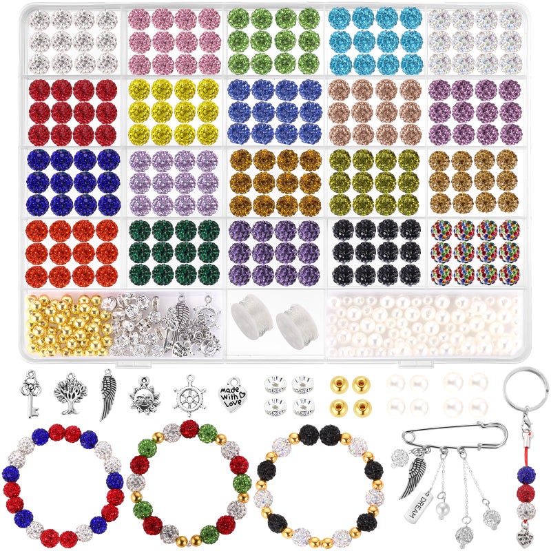 Rhinestone Beads 10mm 408pcs Disco Ball Beads Set for Jewelry Making Funtopia Sparkle Crystal Clay Bead Colorful Bling Bead with Charms Spacer Beed for Bracelet Necklace Earring Crafting
