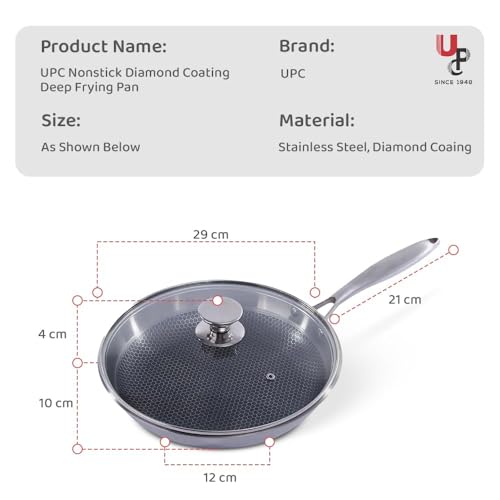 UPC U.P.C. 304 Stainless Steel Diamond Cut Frying Pan with Lid/Nonstick Scratch Resistant Skillet/Induction & Gas Compatible Cookware/Durable Chef Frying Pan for Healthy Oil-Free Cooking - 28cm - Image 3