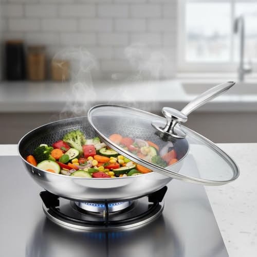 UPC U.P.C. 304 Stainless Steel Diamond Cut Frying Pan with Lid/Nonstick Scratch Resistant Skillet/Induction & Gas Compatible Cookware/Durable Chef Frying Pan for Healthy Oil-Free Cooking - 28cm - Image 2