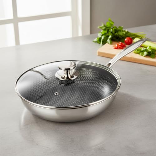 UPC U.P.C. 304 Stainless Steel Diamond Cut Frying Pan with Lid/Nonstick Scratch Resistant Skillet/Induction & Gas Compatible Cookware/Durable Chef Frying Pan for Healthy Oil-Free Cooking - 28cm - Image 1