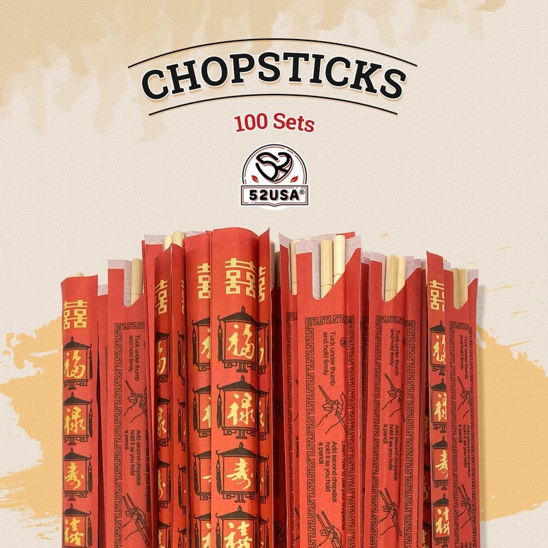 52USA Disposable Bamboo Chopsticks (100 Sets) - 9'' Long, UV Treated, Individually Wrapped Japanese and Chinese Wooden Chopsticks Bulk - Image 2