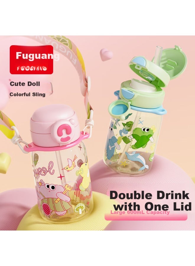 Tomimitsu Fuguang Children'S Water Bottle With Double Drinking Straw, High-Value Tritan Material, Large Capacity Plastic Cup For Female College Students, 600Ml - Image 1
