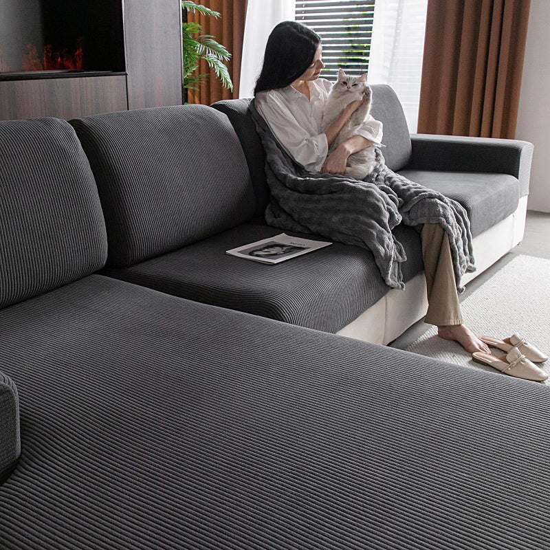 OHSIO Sectional Couch Covers Wear Resistant Stretch Sofa Covers Washable Soft Couch Cushion Covers Anti Slip Furniture Protector Sofa Slipcovers for Pets4 Pieces 3 Seaters1 Chaise Dark Gray