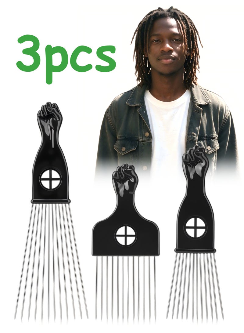 3 Pack Metal Afro Hair Picks, Fist Design Anti Static Hair Comb for Men Women, Styling Tool for Natural Curly Hair, Black Color - Image 1
