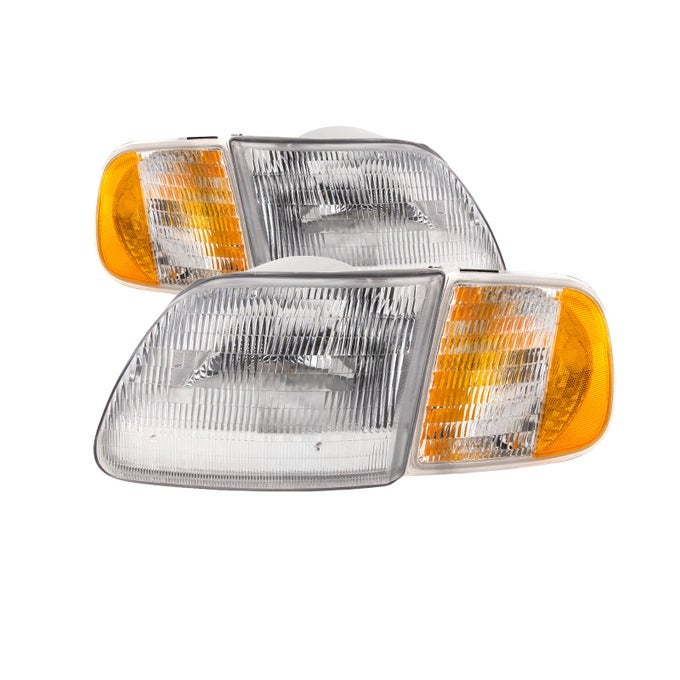 Chrome Housing Halogen Headlights 4Pc Set With Corners Compatible With Ford Expedition F150 Heritage Includes Left Driver And Right Passenger Side Headlamps