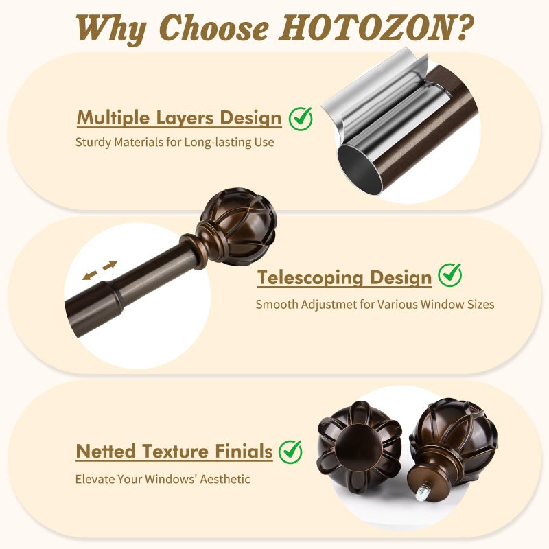 HOTOZON Bronze Curtain Rods 2 Pack, HOTOZON Curtain Rods for window 32 to 58 Inch, New Splicing Window Rod for Windows, 3/4 Inch Single Drapery Rod with Netted Finials - Image 3