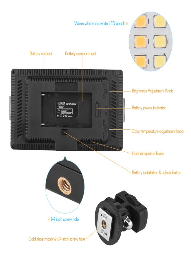 أندوير لوحة إضاءة فيديو LED-416 احترافية للتصوير الفوتوغرافي، مزودة بـ 416 مصباح LED ساطع، درجة حرارة لون ثنائية قابلة للتعديل من 3200 إلى 5600 كلفن، سطوع قابل للتعتيم، مع فتحة لولبية 1/4 بوصة، ورأس كروي للتثبيت على قاعدة باردة، مناسبة للتصوير الفوتوغرافي الخارجي، والتصوير في الاستوديو، والبث المباشر، ومؤتمرات الفيديو، والمكياج. - Image 5