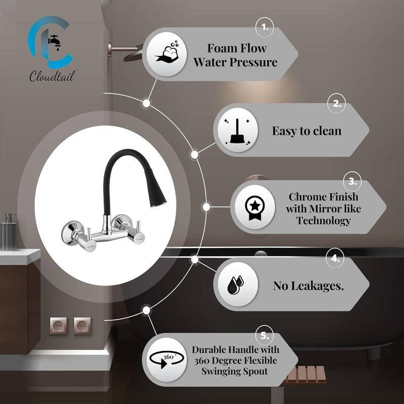 Cloudtail Cloudtail SinkWall MixerTapFaucetTurbo HandleFlexibleDual FlowHotColdDual Lever360Swan NeckSwivel SpoutIdeal for KitchenSinkBathroomWash BasinMaterial BrassSiliconeColor Black  - Image 2