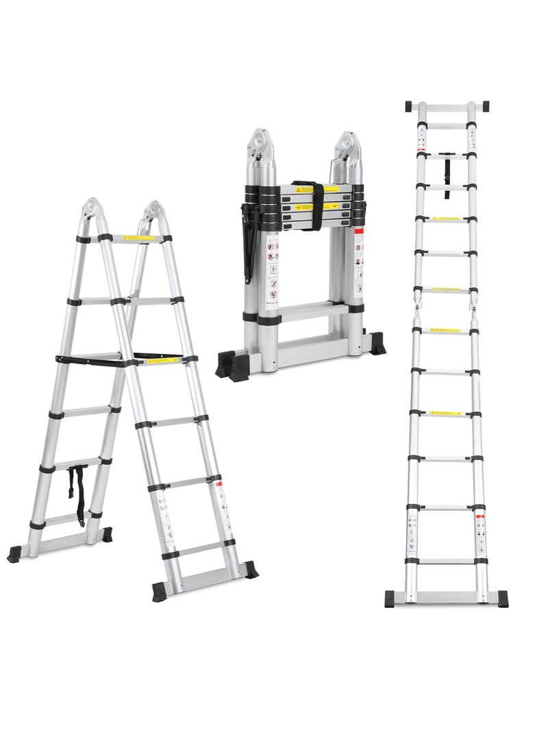 "Telescopic Folding Ladder, Aluminium, 3.8 m (1.9 m + 1.9 m) Extendable Ladder with Stabilisers, Portable A-Frame Non-Slip Step Ladder, Maximum Load 150 kg (Silver)" - Image 1