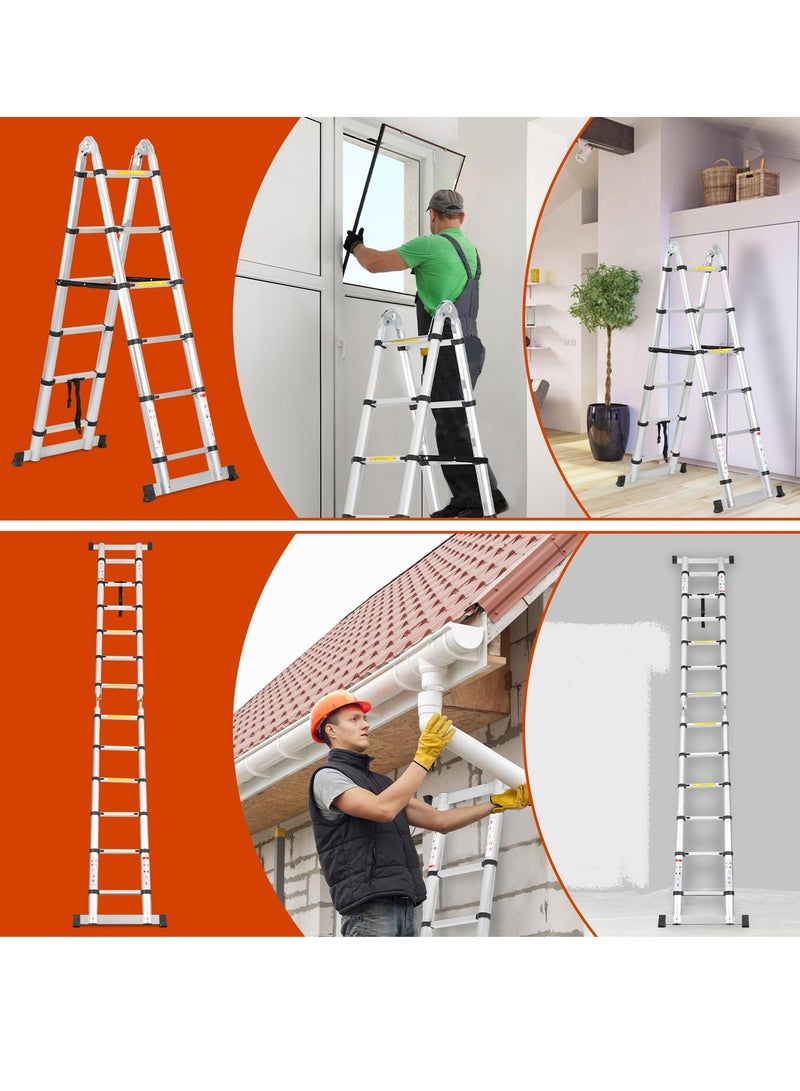 "Telescopic Folding Ladder, Aluminium, 3.8 m (1.9 m + 1.9 m) Extendable Ladder with Stabilisers, Portable A-Frame Non-Slip Step Ladder, Maximum Load 150 kg (Silver)" - Image 2