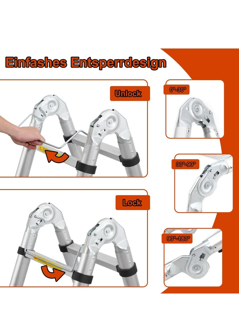 "Telescopic Folding Ladder, Aluminium, 3.8 m (1.9 m + 1.9 m) Extendable Ladder with Stabilisers, Portable A-Frame Non-Slip Step Ladder, Maximum Load 150 kg (Silver)" - Image 3