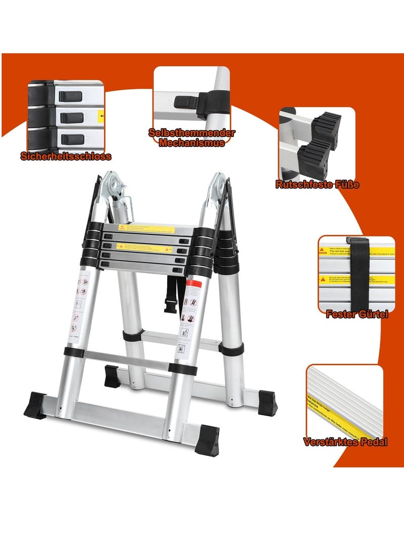 "Telescopic Folding Ladder, Aluminium, 3.8 m (1.9 m + 1.9 m) Extendable Ladder with Stabilisers, Portable A-Frame Non-Slip Step Ladder, Maximum Load 150 kg (Silver)" - Image 4