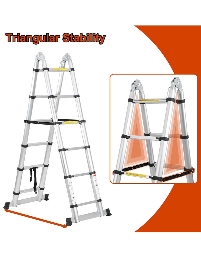 "Telescopic Folding Ladder, Aluminium, 3.8 m (1.9 m + 1.9 m) Extendable Ladder with Stabilisers, Portable A-Frame Non-Slip Step Ladder, Maximum Load 150 kg (Silver)" - Image 5