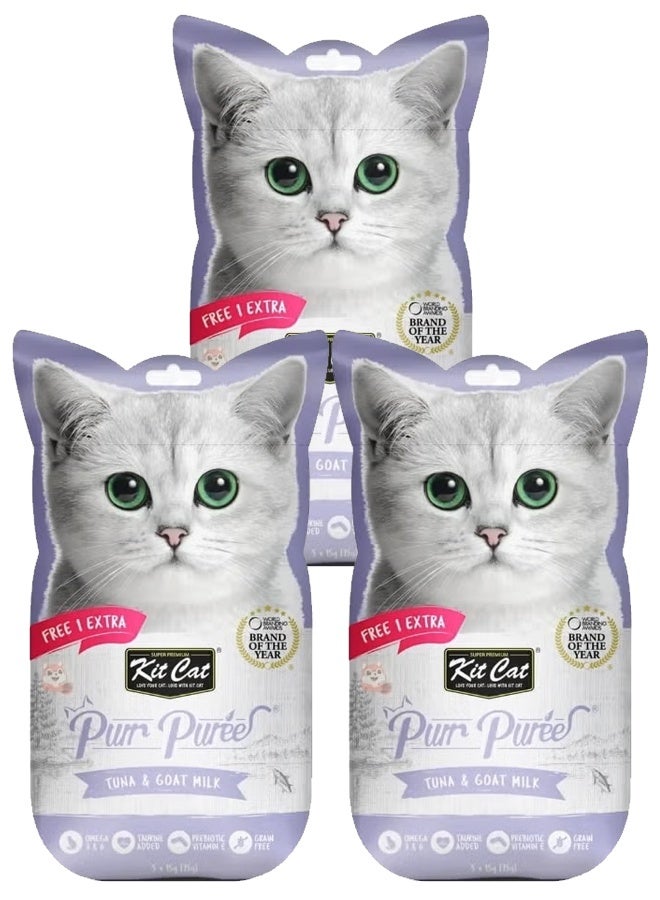 Kit Cat Purr Purée, a super premium cat treat with tuna and goat milk.- 3 packs, every packs have 5 Snacks sticks - Image 1