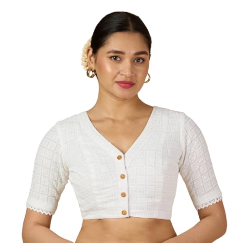Studio Shringaar Women's Chikankari Readymade Saree Blouse (White, 36) - Image 1