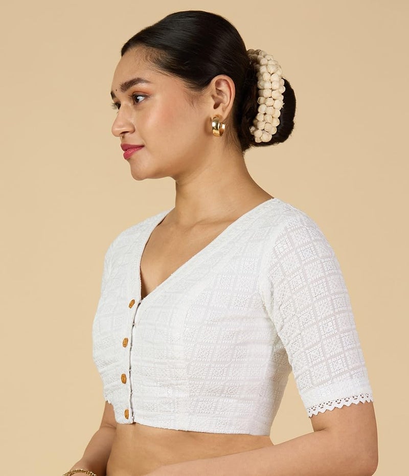 Studio Shringaar Women's Chikankari Readymade Saree Blouse (White, 36) - Image 3