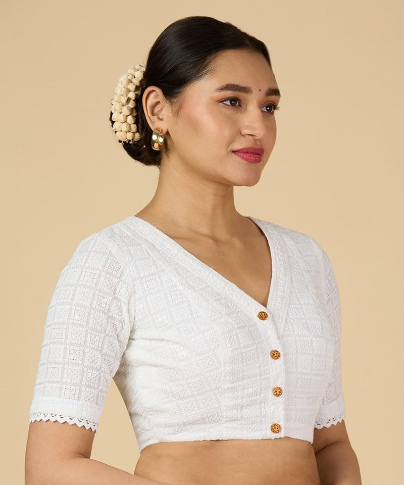 Studio Shringaar Women's Chikankari Readymade Saree Blouse (White, 36) - Image 4
