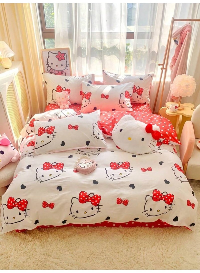 Hello Kitty Bow Duvet Cover Set – Cute Kawaii Cartoon Bedding – Red Polka Dot & Ribbon Print Duvet Cover with Pillowcases (Comforter Not Included) - (150*200cm) - Image 1