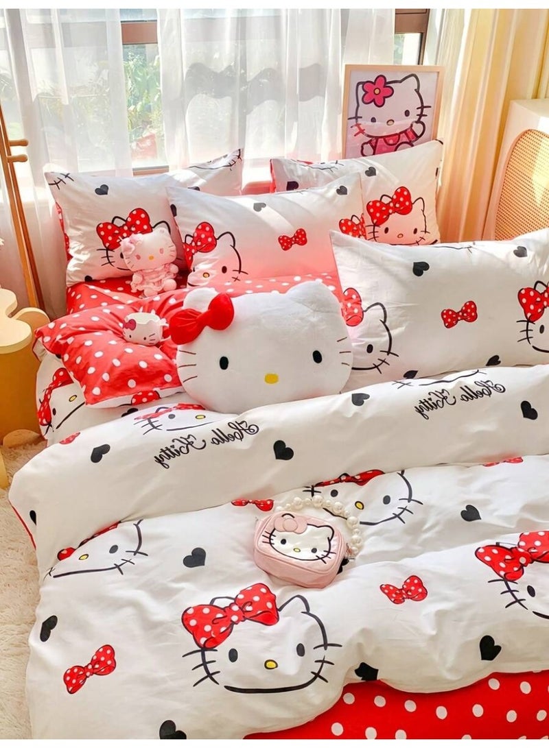 Hello Kitty Bow Duvet Cover Set – Cute Kawaii Cartoon Bedding – Red Polka Dot & Ribbon Print Duvet Cover with Pillowcases (Comforter Not Included) - (150*200cm) - Image 3