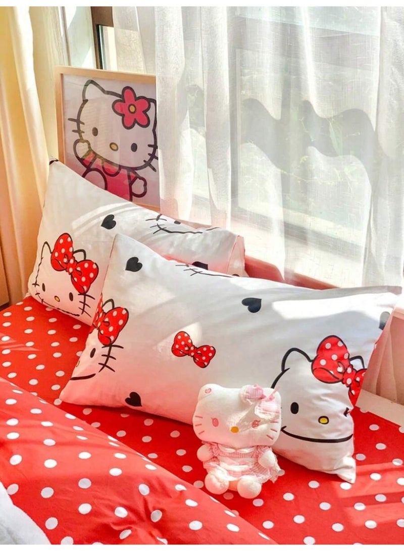 Hello Kitty Bow Duvet Cover Set – Cute Kawaii Cartoon Bedding – Red Polka Dot & Ribbon Print Duvet Cover with Pillowcases (Comforter Not Included) - (150*200cm) - Image 4
