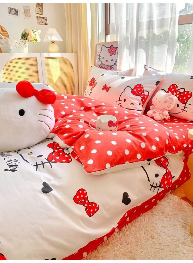 Hello Kitty Bow Duvet Cover Set – Cute Kawaii Cartoon Bedding – Red Polka Dot & Ribbon Print Duvet Cover with Pillowcases (Comforter Not Included) - (150*200cm) - Image 2