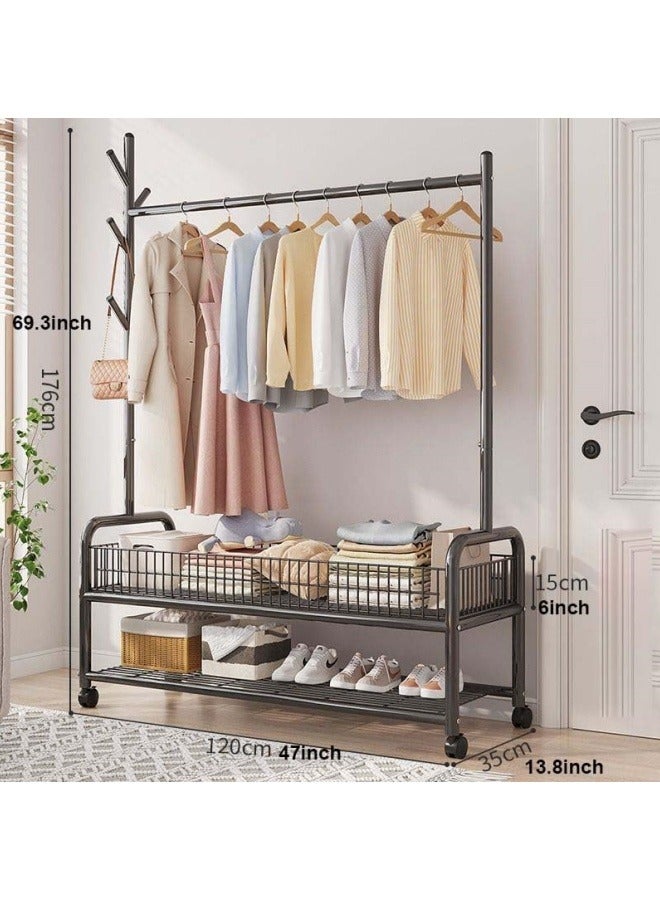 GGEROU Rolling Garment Rack with Wheels, Heavy Duty Clothes Rack with Storage Basket and Coat Rack, Freestanding Metal Wardrobe Storage for Hanging Clothes, Black - Image 5