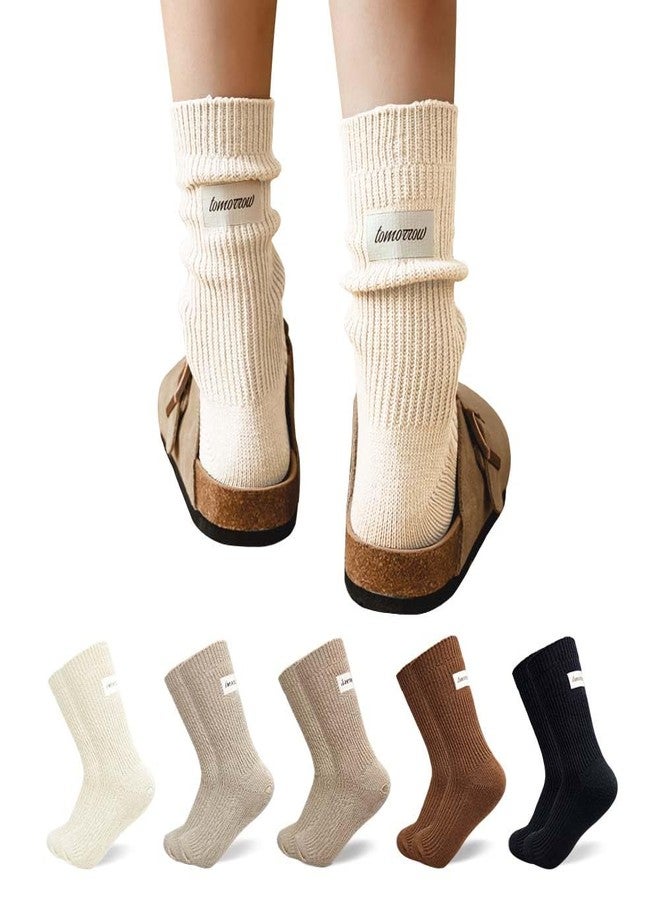 HOMSSEM Ribbed Socks Women Cozy Socks - 5 Pair Cute Womens Crew Socks (Cotton Blend, A. Daily Essential Neutral) - Image 1