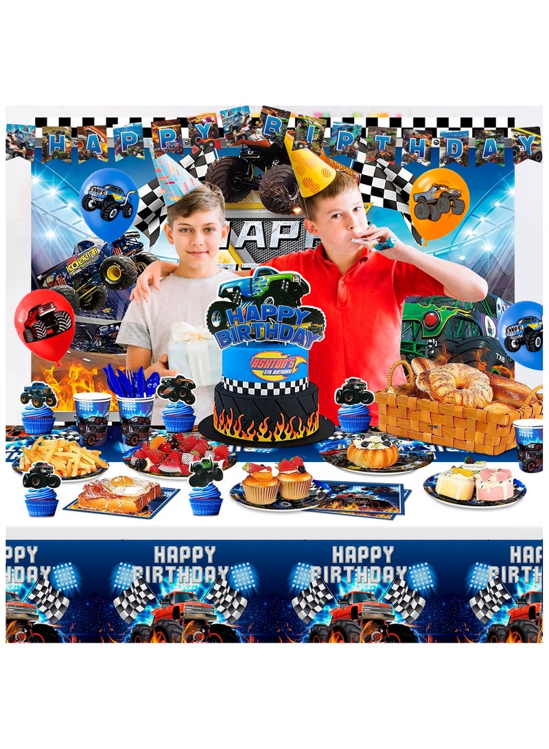 FRUITFUL PARTY Monster Truck Birthday Party Decorations for 10 Guests, 112pcs Monster Truck Birthday Disposable Tableware Kit  Monster Truck Plates and Napkins Banner Backdrop - Image 4