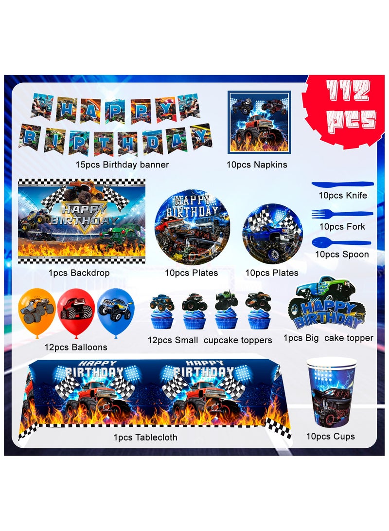 FRUITFUL PARTY Monster Truck Birthday Party Decorations for 10 Guests, 112pcs Monster Truck Birthday Disposable Tableware Kit  Monster Truck Plates and Napkins Banner Backdrop - Image 2