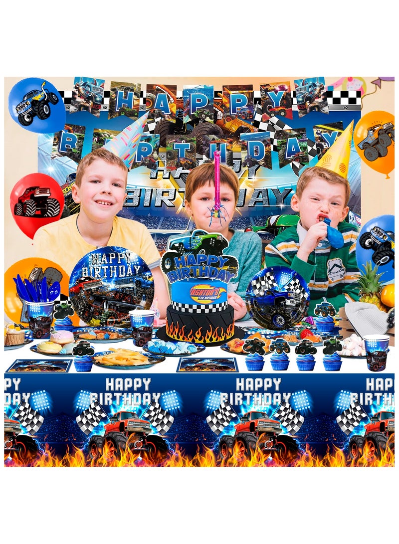 FRUITFUL PARTY Monster Truck Birthday Party Decorations for 10 Guests, 112pcs Monster Truck Birthday Disposable Tableware Kit  Monster Truck Plates and Napkins Banner Backdrop - Image 5