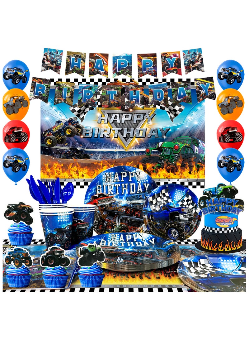 FRUITFUL PARTY Monster Truck Birthday Party Decorations for 10 Guests, 112pcs Monster Truck Birthday Disposable Tableware Kit  Monster Truck Plates and Napkins Banner Backdrop - Image 1