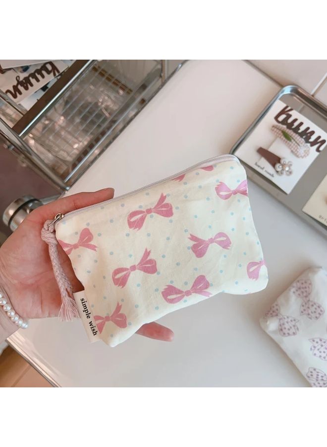 Pink Floral Bow Coin Purse Makeup Bag Travel Organizer Card Holder Cosmetic Pouch - Image 1