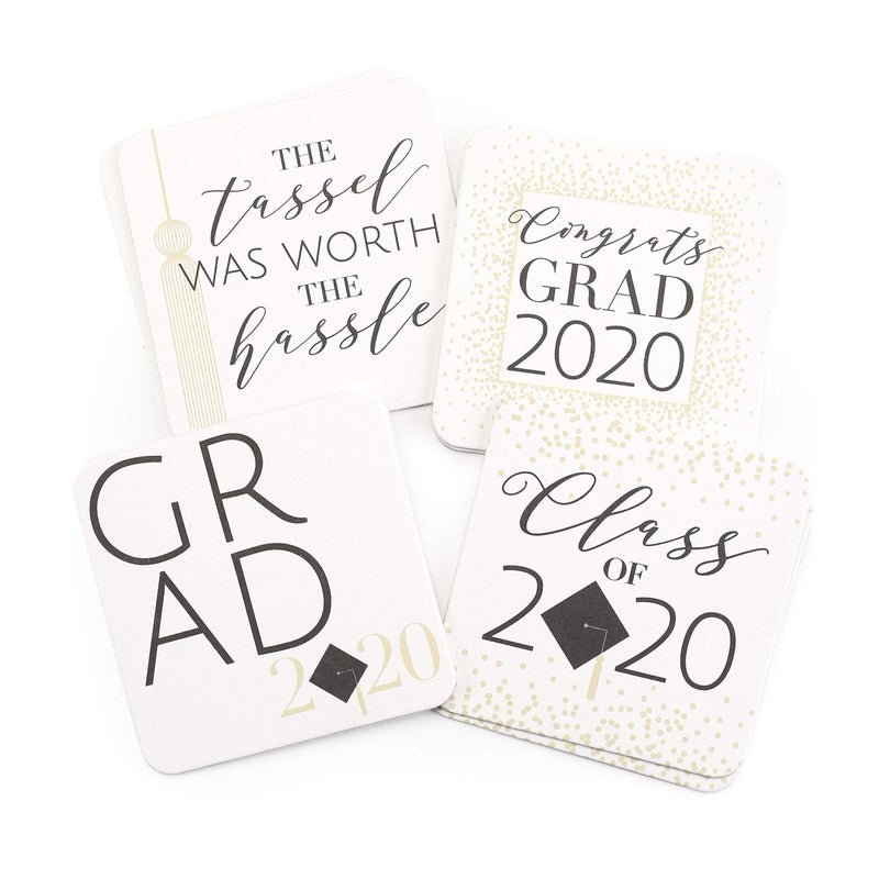 Hortense B. Hewitt Hortense B Hewitt AMZ58141CS 24Count Congrats Grad 2020 Decorative Paperboard Coasters 4 White Black and Gold