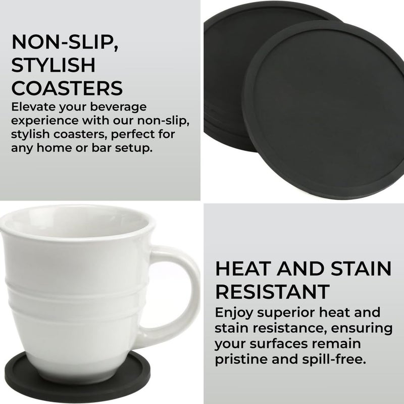 H&S Non Slip Silicone Drink Coasters - Set of 6 - Large Black Cup Coaster Set for Outdoor & Indoor Drinks - Anti Stain & Heat Resistant - Cup Table Pads - Cup Place Mat - Drink Coasters Plain - Image 2