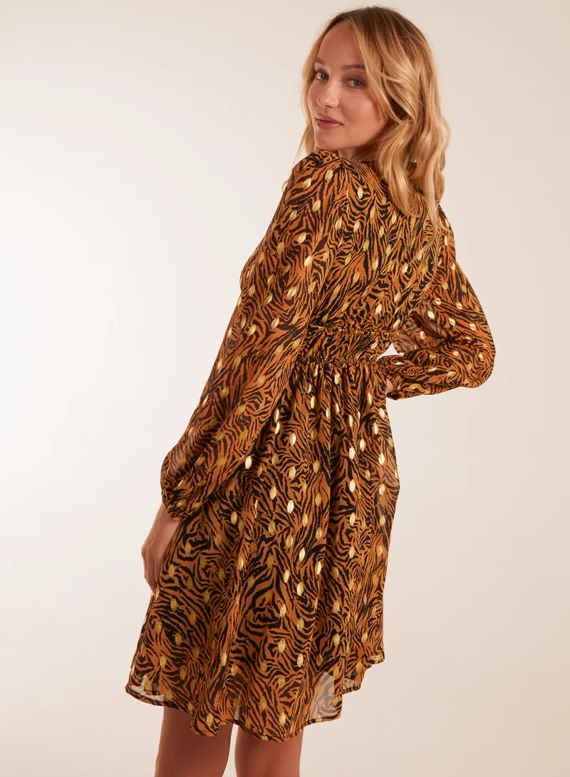 Blue Vanilla Shirred Waist Leopard Foil Wrap Front Mini Dress