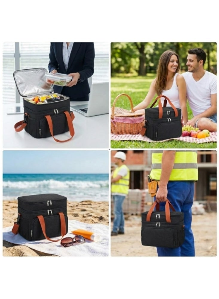 Black Unisex Double-Layer Insulated Lunch Bag — Leak-Proof Insulated Tote with Adjustable Shoulder Strap — Reusable Lunch Cooler for Work, Picnics, Beach, and Family Trips - Image 2
