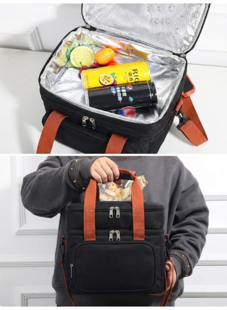 Black Unisex Double-Layer Insulated Lunch Bag — Leak-Proof Insulated Tote with Adjustable Shoulder Strap — Reusable Lunch Cooler for Work, Picnics, Beach, and Family Trips - Image 4
