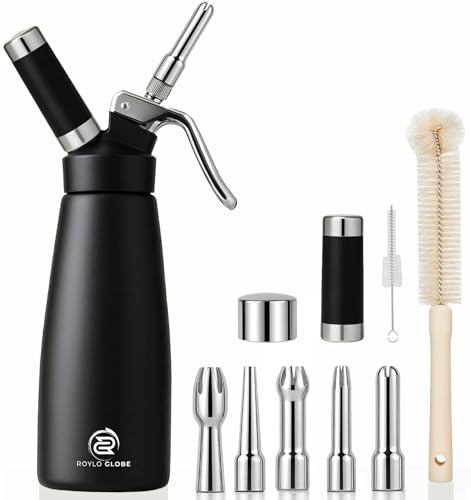 ROYLO GLOBE Professional 500 ml Aluminum Whipped Cream Dispenser With 5 Decorating Nozzles -Whipped Cream Maker With 2 Cleaning brushes-Heavy Duty Homemade Whipped Cream Canister 1 Pint (N20 Charger Not Included) - Image 1