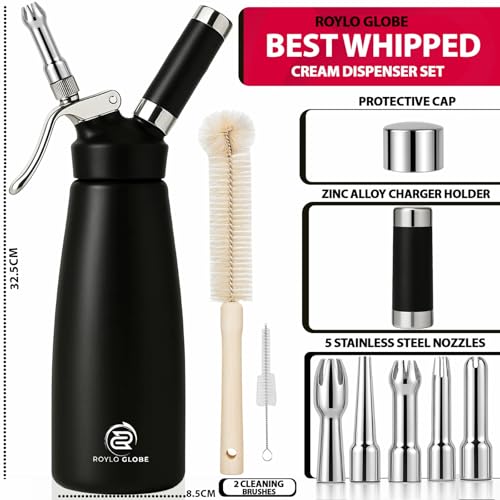 ROYLO GLOBE Professional 500 ml Aluminum Whipped Cream Dispenser With 5 Decorating Nozzles -Whipped Cream Maker With 2 Cleaning brushes-Heavy Duty Homemade Whipped Cream Canister 1 Pint (N20 Charger Not Included) - Image 3