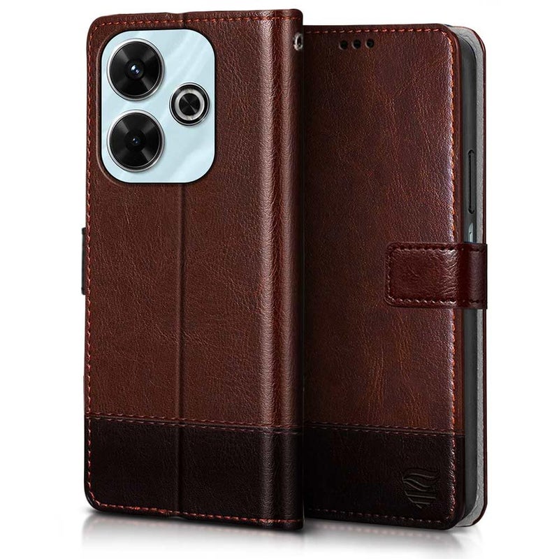 FLIPPED Vegan Leather Flip Case Back Cover for Mi Redmi 13 5G | Poco M6 Plus 5G (Flexible, Shock Proof | Hand Stitched Leather Finish | Card Pockets Wallet & Stand | Brown with Coffee) - Image 3